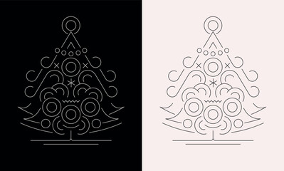 Line art design isolated on a black and on a white backgrounds Christmas Tree vector illustration.