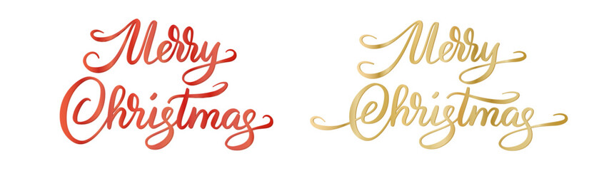 Merry Christmas calligraphy. Gold and red Merry Christmas hand written text isolated on white background. Winter season lettering. Great for holiday cards, party posters, gift tags, overlays.