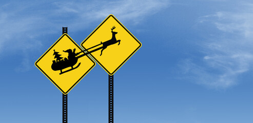 A highway deer crossing warning sign is next to a. similar sign of Santa and his sleigh Text area. Copy space. This is a 3-d illustration about Christmas.