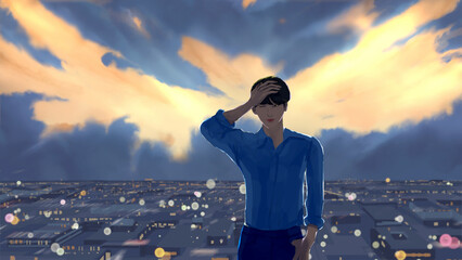Wallpaper of man in the city during dusk with cloud and light anime style