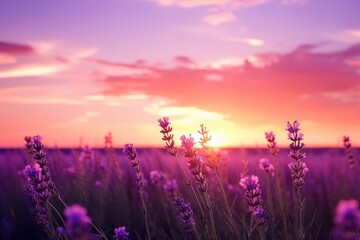 A field of lavender in a sunset