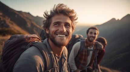 Golden hour sunset and young cheerful smiling caucasian males hiking in scenic autumn mountains leading active sporty and healthy lifestyle