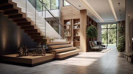 Interior design of modern entrance hall with staircase in villa.: