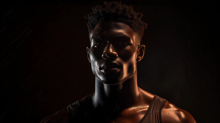 Intense backlit portrait of a male athlete, sweat glistening, dramatic contrast, dark background