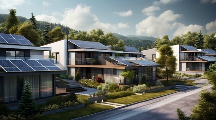 Fototapeta na wymiar New beautiful suburban houses with solar panels on the roof