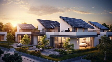 New beautiful suburban houses with solar panels on the roof - obrazy, fototapety, plakaty