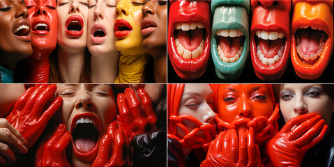 group of female mouths, Look at the amazing reaction of this cheerful group! Speechless Squad Enjoy the energy as their faces say it all - pure amazement and excitement! - obrazy, fototapety, plakaty