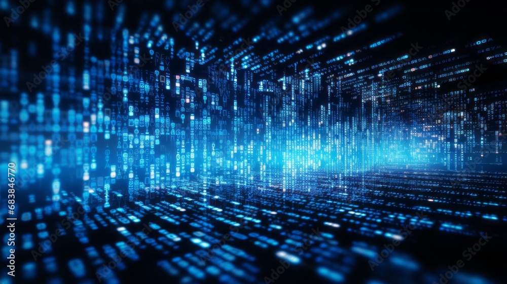 Poster binary code matrix: illuminated blue digital data on computer screen