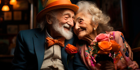 Fototapeta na wymiar The joy and laughter of a real elderly couple. Radiating love and joy, this adorable couple melts our hearts with their heartwarming hugs! Forever Together Unbreakable Bond