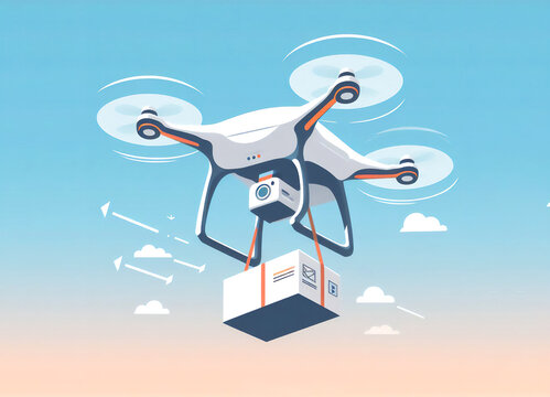 Drone in the sky carrying a package - Minimalist illustration