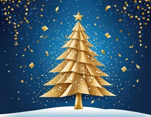 Merry Christmas, tree polygon, confetti, golden glowing particles scatter, poster
