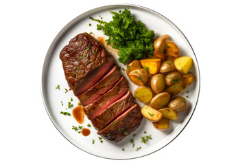 steak with sauce, potatoes and vegetable on plate, isolated on transparent background, PNG file,...