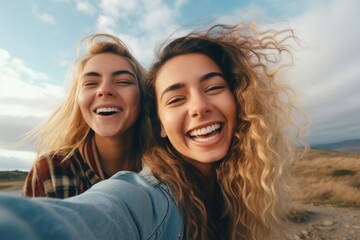 female friends posing with smile on sky background. AI Generated