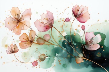 ink watercolor abstract background flowers and leaves in colours green, pink and sparkling gold splash on white background