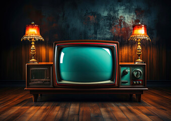  Retro TV on a stand in a dark room and lamps, news concept