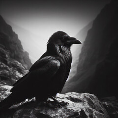 Fototapeta premium a black raven bird on a stone solid dark background. ai generative