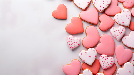 Composition with decorated heart shaped cookies and space for text on color background, top view. Valentine's day - obrazy, fototapety, plakaty