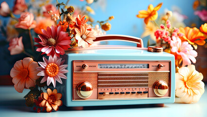 Retro radio with flowers around, holiday card, advertising music concept web banner