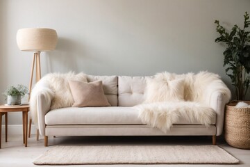 Cozy cute sofa with white fur sheepskin fluffy throw and pillows. Scandinavian home interior design of modern living room.
