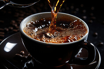 Black coffee espresso poured into cup. 