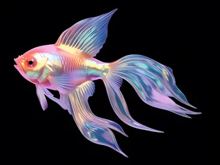 Fotobehang 3d rendering of a colourful crystal goldfish on a white background with reflection © wing