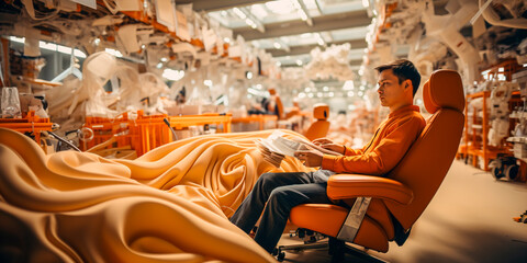 In the very center of modern production! Witness the skilled craftsmanship of these hard-working workers as they shape the future of polyurethane and nylon chair manufacturing. Factory Life - obrazy, fototapety, plakaty