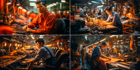 Behind the scenes of innovation! Experience the fast-paced world of factory work as these hard-working men demonstrate their expertise in creating durable polyurethane and nylon chair components. - obrazy, fototapety, plakaty