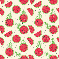 slices of watermelon with seeds and palm branches. ripe red watermelon endless pattern