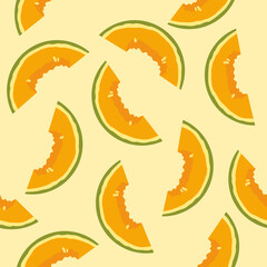 Fototapeta premium slices of ripe melon scattered on a light background. delicious orange melon