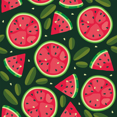 red watermelons on a green background with leaves. juicy tasty watermelon slices