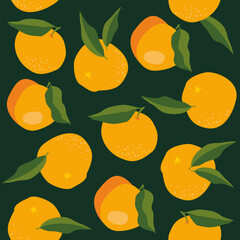 tangerines and peaches on an endless pattern. oranges and apricots on a dark background. fruit pattern