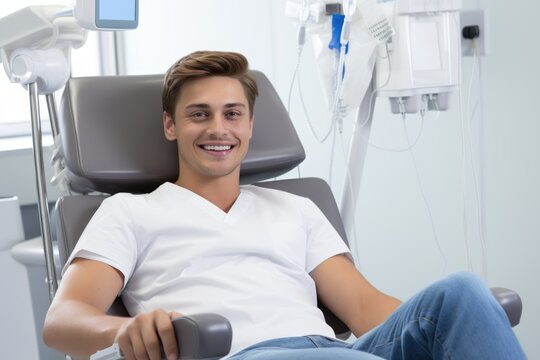 European man smiling happily while sitting in medical chair at dental clinic. AI Generated