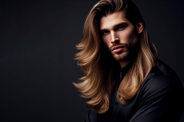 Picture of a handsome longhair groomed man on color background. ai generative
