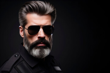 Obraz premium Serious bodyguard mature man beard dark sunglasses isolated on solid black background. ai generative
