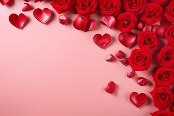 Red Roses and Hearts on Pink Background