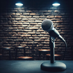 Stand up comedy stage microphone background brick wall. Concept banner open mic for monologue. ai generative