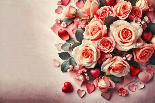 Roses Bouquet and Hearts background. Valentine or Wedding background. ai generative