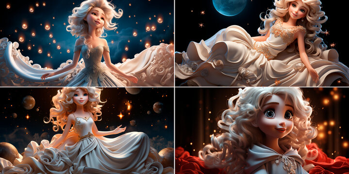 Moon goddess with white hair and a fairy crown Happy and smiling widely Wearing a long flowing silk dress Cute fairy godmother or mother illustration