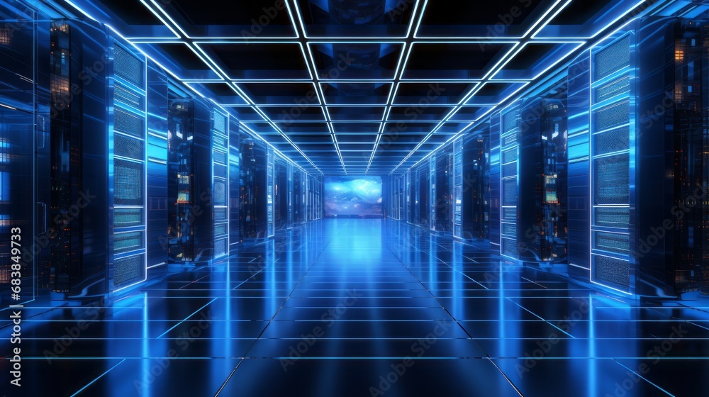 Poster modern technology: composite image of a computer server room, advanced it infrastructure