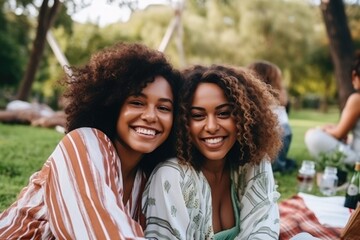 Naklejka premium happy female friends having fun together outdoors. AI Generated