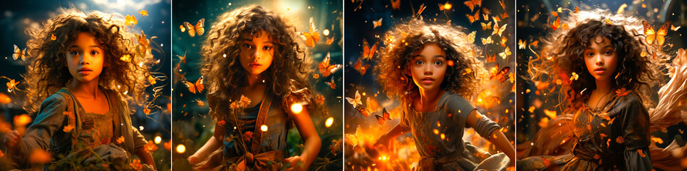 A girl with dark skin and curly hair flies on small wings over a field of flowers. Lots of light and golden sparks. Magic fairy style.