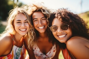 Fototapeta premium happy female friends having fun together outdoors. AI Generated