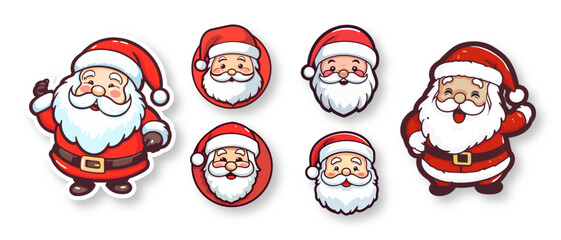 Vector set Cute Funny Smiling Santa Claus Head Icon, sticker flat trendy style isolated on white. Design Template for Holiday Merry Christmas and Happy New Year Greeting Cards, Stickers, Banners	
