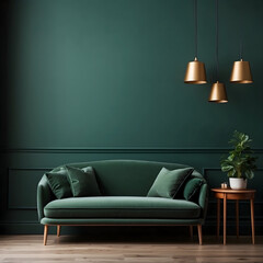 Green wall green sofa background. AI generate prompt : Dark green wall, background