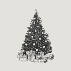 Christmas Tree with Gifts vintage engraving style - obrazy, fototapety, plakaty