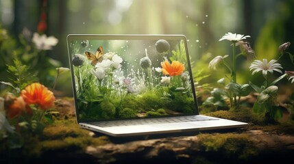 An image of a nature landscape displayed on a laptop or smartphone screen, surrounded by green plants and flowers, symbolizing the integration of technology with nature. - obrazy, fototapety, plakaty