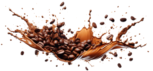 Delicious coffee beans in splashes of coffee, cut out