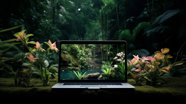 An image of a nature landscape displayed on a laptop or smartphone screen, surrounded by green plants and flowers, symbolizing the integration of technology with nature.