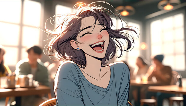 A digital animated-style painting of a young woman laughing heartily, her head thrown back in amusement. Her hair seems to dance with her laughter, Created by using generative AI tools