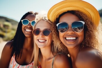 Obraz premium happy female friends having fun together outdoors. AI Generated